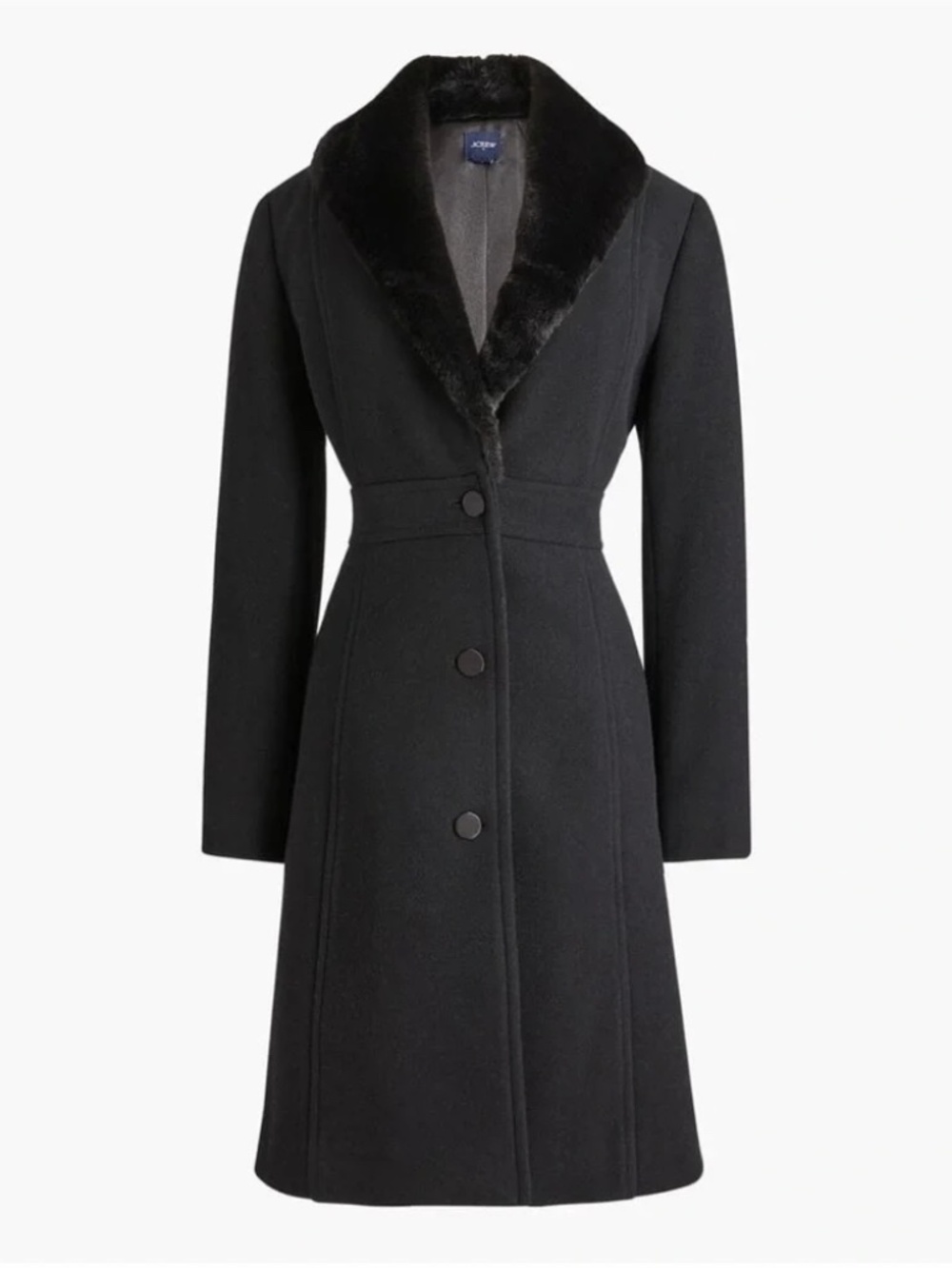 J Crew Factory Black Lady day coat with Faux-fur Shawl Collar
